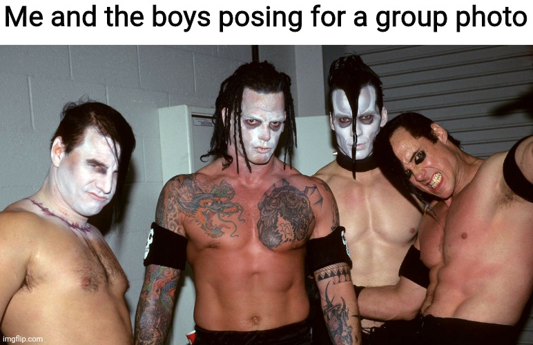 It hurts to be this cool | Me and the boys posing for a group photo | image tagged in wcw vampiro and misfits,michale graves,jerry only,dr chud,doyle wolfgang von frankenstein,misfits | made w/ Imgflip meme maker