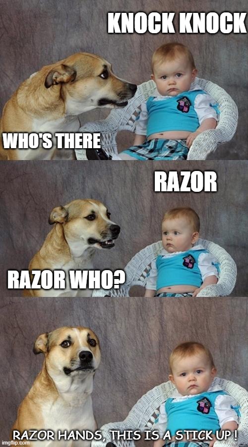 Daily Bad Dad Joke 04/29/2021 | KNOCK KNOCK; WHO'S THERE; RAZOR; RAZOR WHO? RAZOR HANDS, THIS IS A STICK UP ! | image tagged in memes,dad joke dog | made w/ Imgflip meme maker