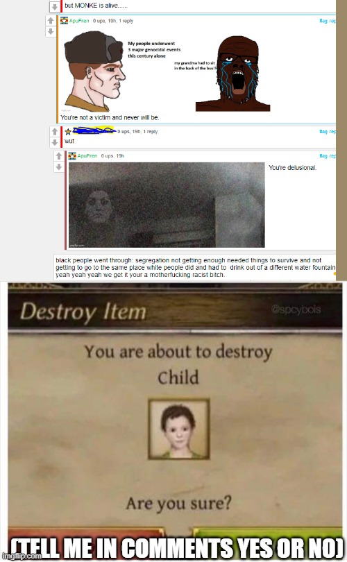 she was a racist | (TELL ME IN COMMENTS YES OR NO) | image tagged in you are about to destroy child | made w/ Imgflip meme maker