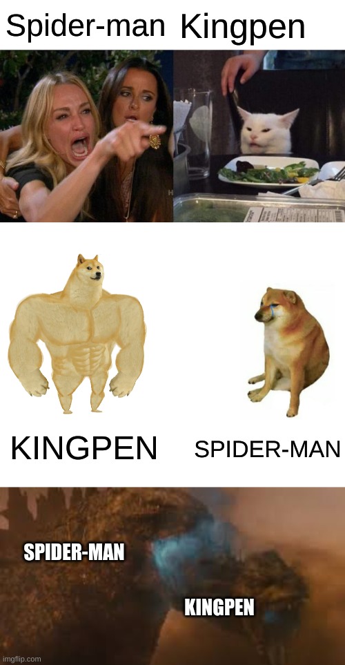 This is facts, And im a spider-man fan | Spider-man; Kingpen; SPIDER-MAN; KINGPEN; SPIDER-MAN; KINGPEN | image tagged in memes,woman yelling at cat,spiderman,godzilla,funny,funny memes | made w/ Imgflip meme maker