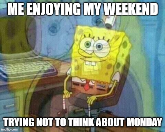 Titles r stupid | ME ENJOYING MY WEEKEND; TRYING NOT TO THINK ABOUT MONDAY | image tagged in spongebob panic inside | made w/ Imgflip meme maker