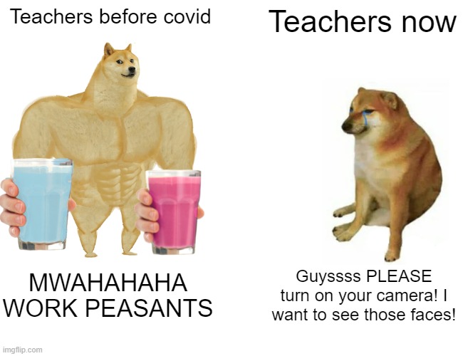 True Facts | Teachers before covid; Teachers now; MWAHAHAHA WORK PEASANTS; Guyssss PLEASE turn on your camera! I want to see those faces! | image tagged in memes,buff doge vs cheems | made w/ Imgflip meme maker