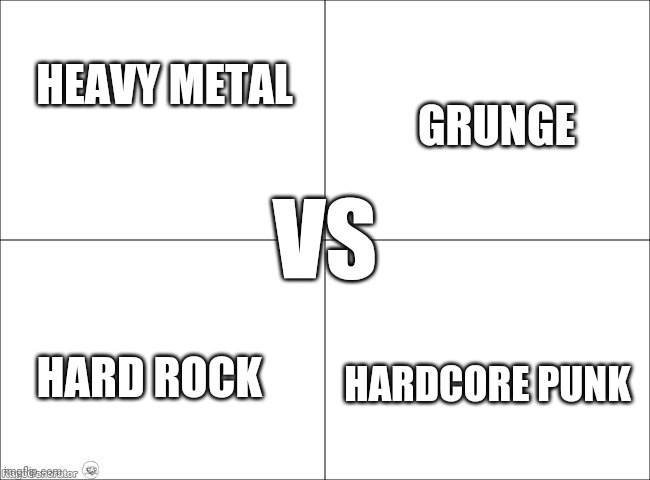 The fight of rock-based genres | HEAVY METAL; GRUNGE; VS; HARD ROCK; HARDCORE PUNK | image tagged in basic four panel meme | made w/ Imgflip meme maker
