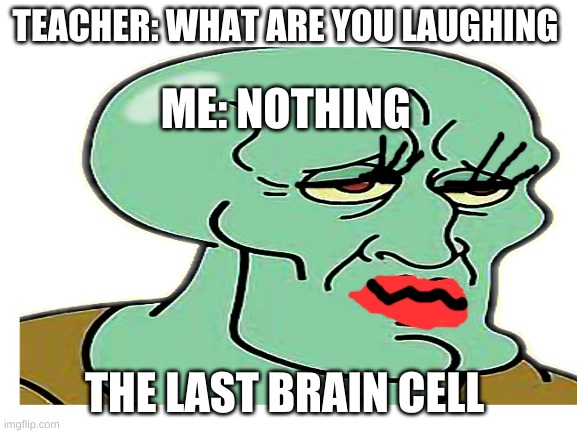 SquidWard lol | TEACHER: WHAT ARE YOU LAUGHING; ME: NOTHING; THE LAST BRAIN CELL | image tagged in squidward,lol,funny,handsome,yeah | made w/ Imgflip meme maker