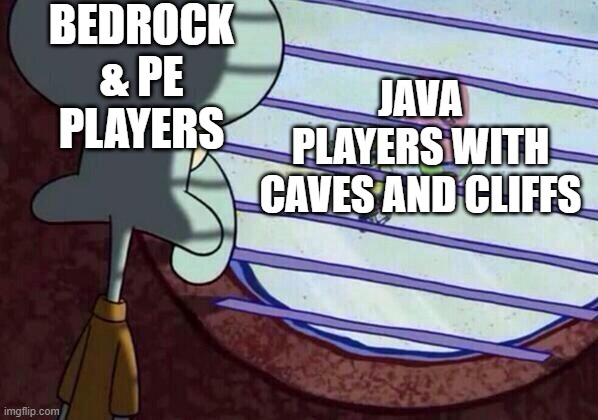 Squidward window | BEDROCK & PE PLAYERS; JAVA PLAYERS WITH CAVES AND CLIFFS | image tagged in squidward window | made w/ Imgflip meme maker
