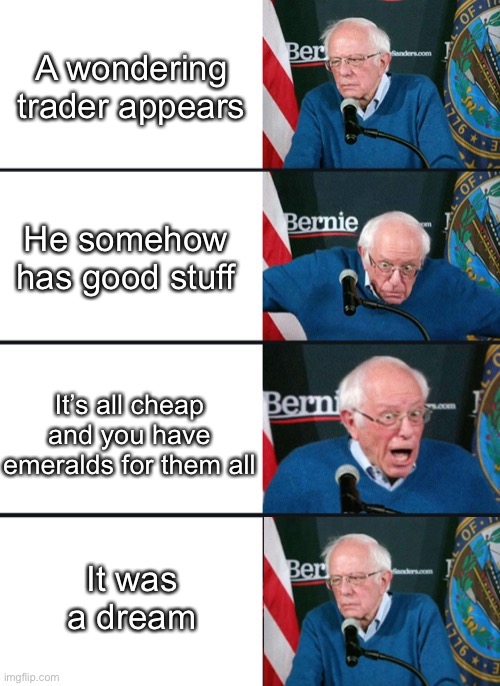 Bernie Sander Reaction (change) | A wondering trader appears; He somehow has good stuff; It’s all cheap and you have emeralds for them all; It was a dream | image tagged in bernie sander reaction change,minecraft,wondering trader,emeralds,memes,oof | made w/ Imgflip meme maker