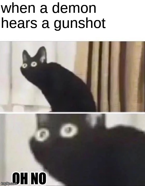 Oh No Black Cat | when a demon hears a gunshot; OH NO | image tagged in oh no black cat | made w/ Imgflip meme maker