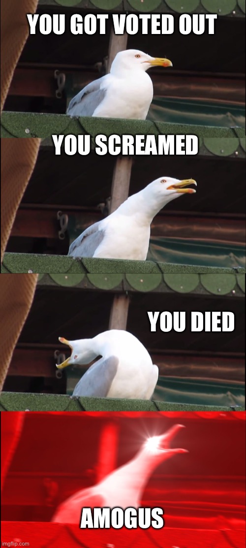 seagull got voted out in amogus! |  YOU GOT VOTED OUT; YOU SCREAMED; YOU DIED; AMOGUS | image tagged in memes,inhaling seagull | made w/ Imgflip meme maker