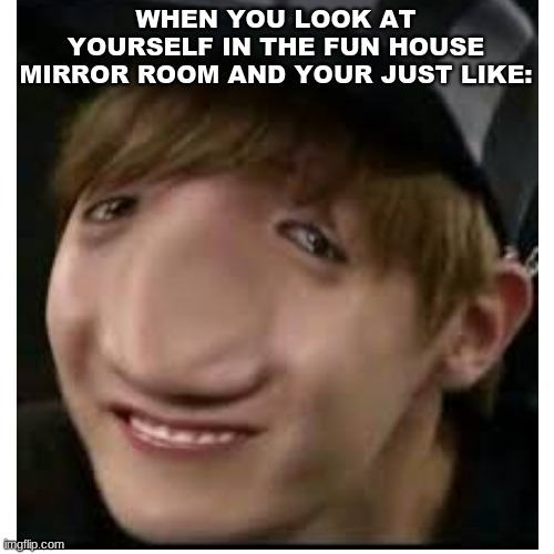 Just enjoying my time | WHEN YOU LOOK AT YOURSELF IN THE FUN HOUSE MIRROR ROOM AND YOUR JUST LIKE: | image tagged in funny,meme,warped,relatable | made w/ Imgflip meme maker