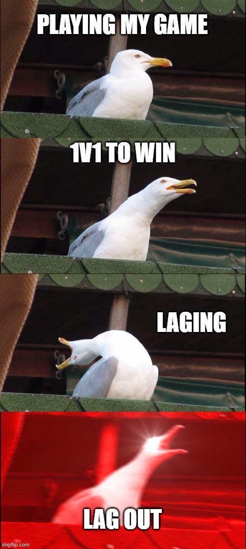 Inhaling Seagull | PLAYING MY GAME; 1V1 TO WIN; LAGING; LAG OUT | image tagged in memes,inhaling seagull | made w/ Imgflip meme maker
