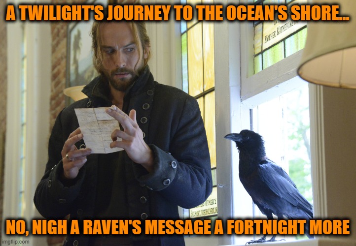 Message by Raven | A TWILIGHT'S JOURNEY TO THE OCEAN'S SHORE... NO, NIGH A RAVEN'S MESSAGE A FORTNIGHT MORE | image tagged in message by raven | made w/ Imgflip meme maker