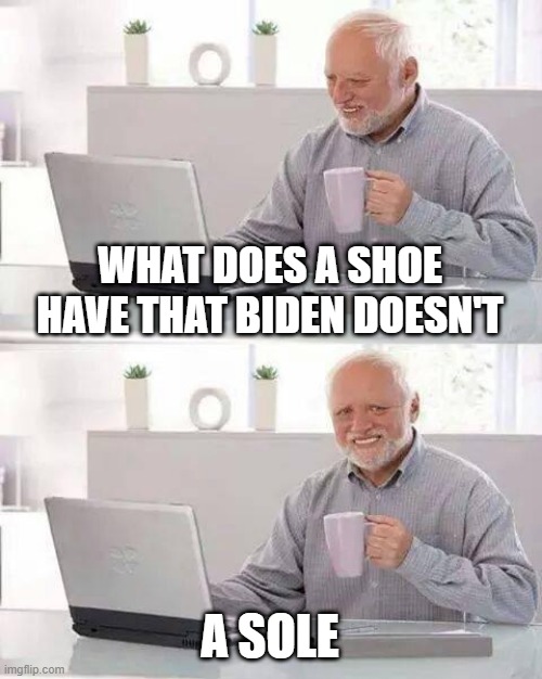 Hide the Pain Harold Meme | WHAT DOES A SHOE HAVE THAT BIDEN DOESN'T; A SOLE | image tagged in memes,hide the pain harold | made w/ Imgflip meme maker