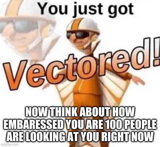 you got victored | NOW THINK ABOUT HOW EMBARESSED YOU ARE 100 PEOPLE ARE LOOKING AT YOU RIGHT NOW | image tagged in you just got vectored | made w/ Imgflip meme maker