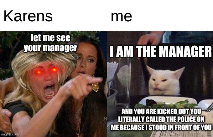 karen | Karens; me; let me see your manager; I AM THE MANAGER; AND YOU ARE KICKED OUT YOU LITERALLY CALLED THE POLICE ON ME BECAUSE I STOOD IN FRONT OF YOU | image tagged in memes,woman yelling at cat | made w/ Imgflip meme maker