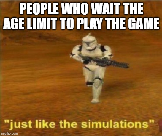 nobody is ever really waiting.... *evil laugh* | PEOPLE WHO WAIT THE AGE LIMIT TO PLAY THE GAME | image tagged in just like the simulations,games,teen,gaming,adult,videogames | made w/ Imgflip meme maker
