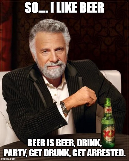 The Most Interesting Man In The World | SO.... I LIKE BEER; BEER IS BEER, DRINK, PARTY, GET DRUNK, GET ARRESTED. | image tagged in memes,the most interesting man in the world | made w/ Imgflip meme maker