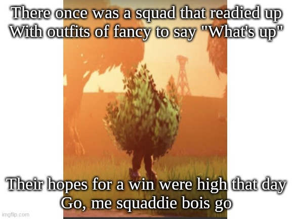 Fortnite fam? Y'all there? | There once was a squad that readied up
With outfits of fancy to say "What's up"; Their hopes for a win were high that day
Go, me squaddie bois go | image tagged in plz no hate | made w/ Imgflip meme maker