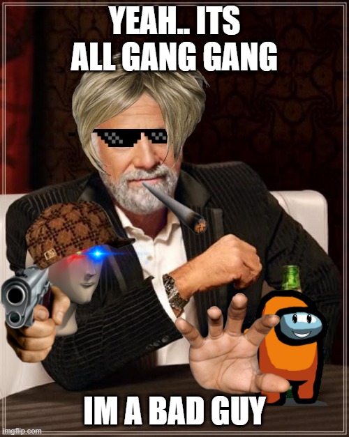 The Most Interesting Man In The World | YEAH.. ITS ALL GANG GANG; IM A BAD GUY | image tagged in memes,the most interesting man in the world | made w/ Imgflip meme maker