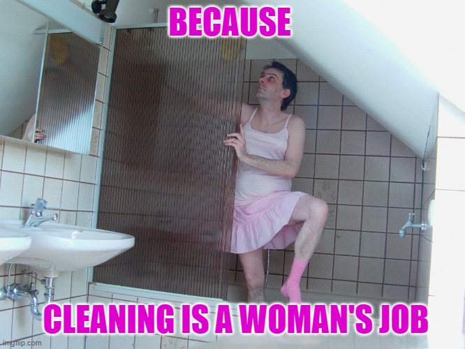 Man Housekeeping | BECAUSE; CLEANING IS A WOMAN'S JOB | image tagged in cleaning,housewife | made w/ Imgflip meme maker