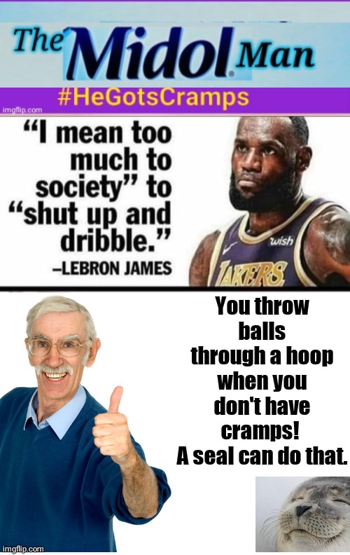 Midol Man LeBron Reality Check | You throw balls through a hoop when you don't have cramps! 
A seal can do that. | image tagged in lebron james | made w/ Imgflip meme maker