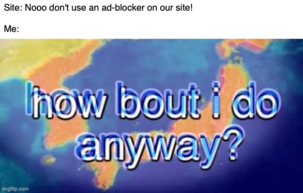 How about I do it anyway? | Site: Nooo don't use an ad-blocker on our site! 
 
Me: | image tagged in how about i do it anyway | made w/ Imgflip meme maker
