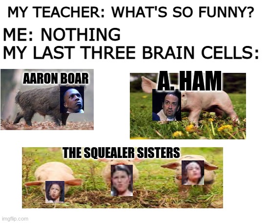 *pAprikA* *ApEtiZa* *sPaghEttI* | MY TEACHER: WHAT'S SO FUNNY? ME: NOTHING


MY LAST THREE BRAIN CELLS:; A. HAM; AARON BOAR; THE SQUEALER SISTERS | image tagged in blank 0_o | made w/ Imgflip meme maker