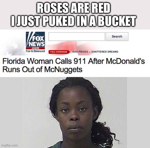 the rise of Florida women |  ROSES ARE RED 
I JUST PUKED IN A BUCKET | image tagged in florida women,meme,oh wow are you actually reading these tags | made w/ Imgflip meme maker