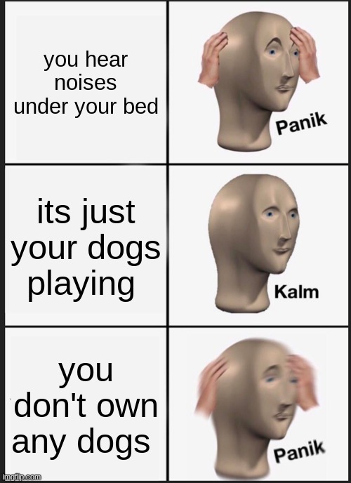 Panik Kalm Panik | you hear noises under your bed; its just your dogs playing; you don't own any dogs | image tagged in memes,panik kalm panik | made w/ Imgflip meme maker