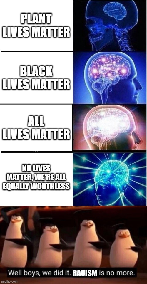 he's out of line, but he's right | PLANT LIVES MATTER; BLACK LIVES MATTER; ALL LIVES MATTER; NO LIVES MATTER, WE'RE ALL EQUALLY WORTHLESS; RACISM | image tagged in memes,expanding brain,we did it boys,no life,funny | made w/ Imgflip meme maker