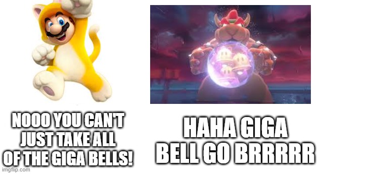 nooo haha go brrr | NOOO YOU CAN'T JUST TAKE ALL OF THE GIGA BELLS! HAHA GIGA BELL GO BRRRRR | image tagged in nooo haha go brrr,super mario | made w/ Imgflip meme maker