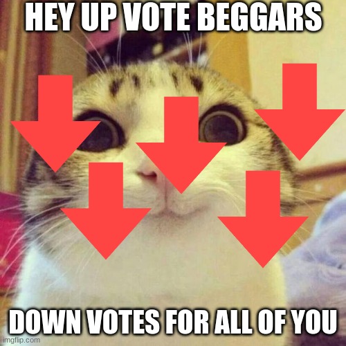 stop begging tho | HEY UP VOTE BEGGARS; DOWN VOTES FOR ALL OF YOU | image tagged in memes,smiling cat,stop,begging,stop begging | made w/ Imgflip meme maker