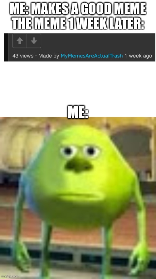 No upvotes... | ME: MAKES A GOOD MEME
THE MEME 1 WEEK LATER:; ME: | image tagged in blank white template,sully wazowski | made w/ Imgflip meme maker