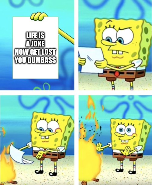 Spongebob Burning Paper | LIFE IS A JOKE NOW GET LOST YOU DUMBASS | image tagged in spongebob burning paper | made w/ Imgflip meme maker