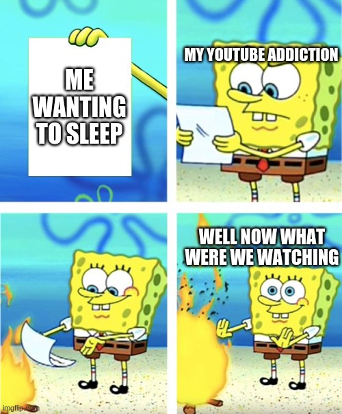 literally | MY YOUTUBE ADDICTION; ME WANTING TO SLEEP; WELL NOW WHAT WERE WE WATCHING | image tagged in spongebob burning paper | made w/ Imgflip meme maker