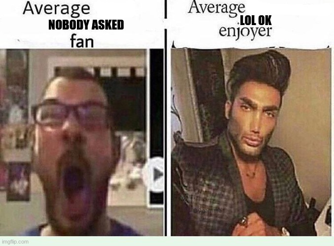 Average *BLANK* Fan VS Average *BLANK* Enjoyer | LOL OK; NOBODY ASKED | image tagged in average blank fan vs average blank enjoyer | made w/ Imgflip meme maker