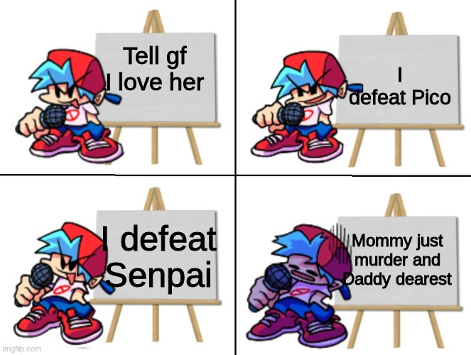 the bf's plan | I defeat Pico; Tell gf I love her; I defeat Senpai; Mommy just murder and Daddy dearest | image tagged in the bf's plan | made w/ Imgflip meme maker
