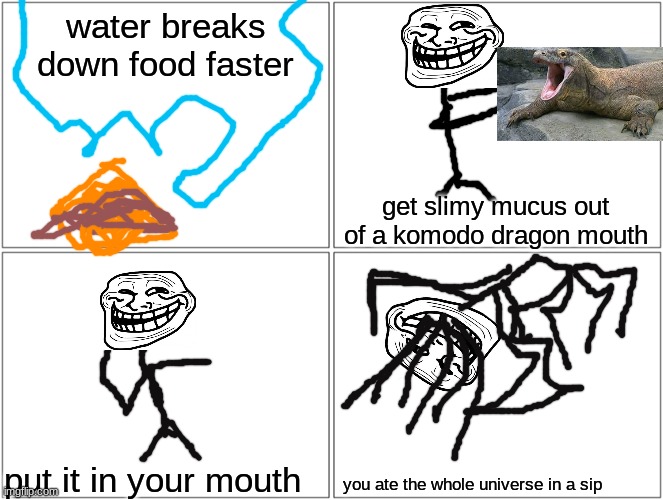 Blank Comic Panel 2x2 Meme | water breaks down food faster; get slimy mucus out of a komodo dragon mouth; put it in your mouth; you ate the whole universe in a sip | image tagged in memes,blank comic panel 2x2 | made w/ Imgflip meme maker