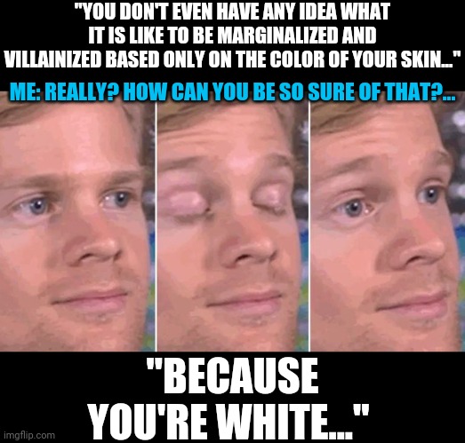 white guy blinking | "YOU DON'T EVEN HAVE ANY IDEA WHAT IT IS LIKE TO BE MARGINALIZED AND VILLAINIZED BASED ONLY ON THE COLOR OF YOUR SKIN..."; ME: REALLY? HOW CAN YOU BE SO SURE OF THAT?... "BECAUSE YOU'RE WHITE..." | image tagged in white guy blinking | made w/ Imgflip meme maker