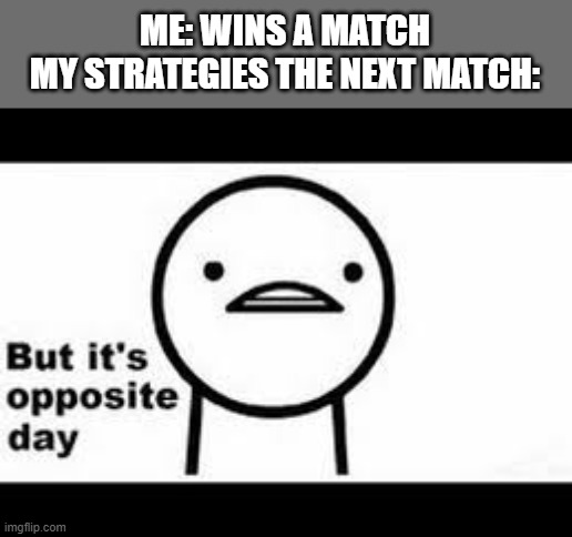 Opposite Day | ME: WINS A MATCH
MY STRATEGIES THE NEXT MATCH: | image tagged in but it's opposite day | made w/ Imgflip meme maker