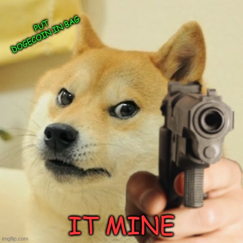 dogecoin | PUT DOGECOIN IN BAG; IT MINE | image tagged in doge holding a gun | made w/ Imgflip meme maker