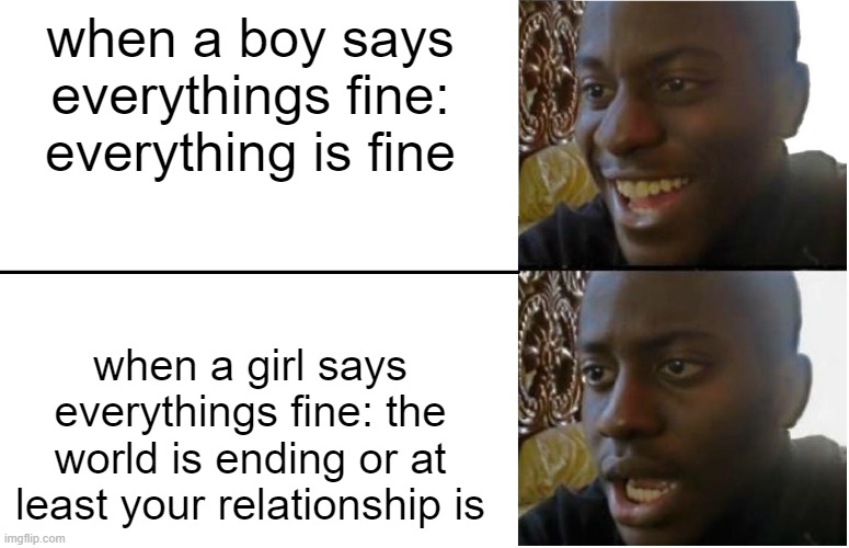 LOL | when a boy says everythings fine: everything is fine; when a girl says everythings fine: the world is ending or at least your relationship is | image tagged in disappointed black guy | made w/ Imgflip meme maker