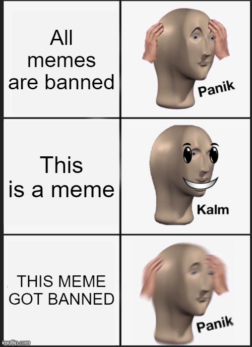 Panik Kalm Panik | All memes are banned; This is a meme; THIS MEME GOT BANNED | image tagged in memes,panik kalm panik | made w/ Imgflip meme maker