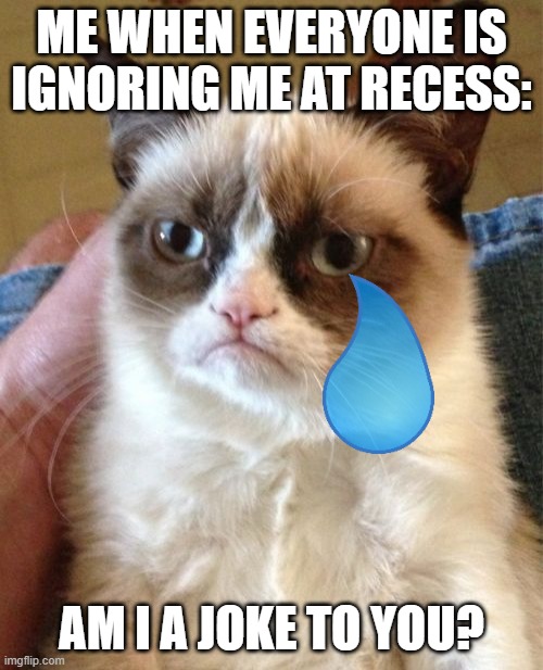 Grumpy Cat |  ME WHEN EVERYONE IS IGNORING ME AT RECESS:; AM I A JOKE TO YOU? | image tagged in memes,grumpy cat | made w/ Imgflip meme maker