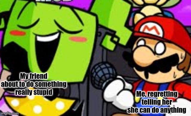 True story btw | My friend about to do something really stupid; Me, regretting telling her she can do anything | image tagged in mario | made w/ Imgflip meme maker