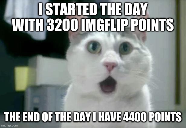OMG Cat Meme | I STARTED THE DAY WITH 3200 IMGFLIP POINTS; THE END OF THE DAY I HAVE 4400 POINTS | image tagged in memes,omg cat | made w/ Imgflip meme maker