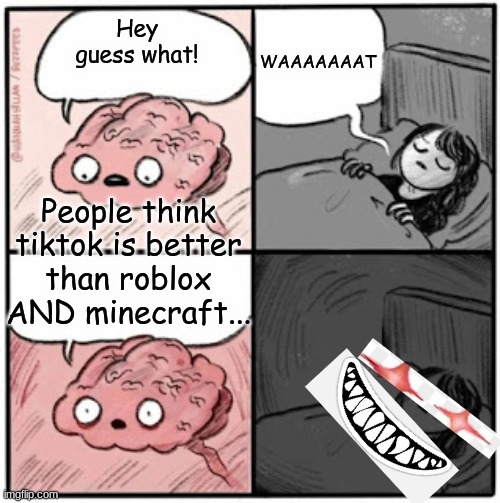 TikTokers!!!!! | WAAAAAAAT; Hey guess what! People think tiktok is better than roblox AND minecraft... | image tagged in brain before sleep | made w/ Imgflip meme maker