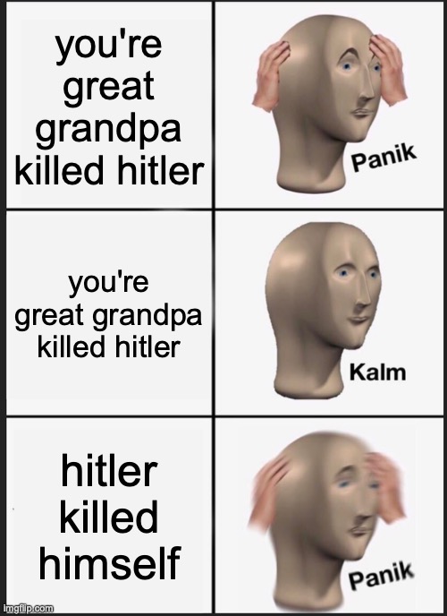 Panik Kalm Panik | you're great grandpa killed hitler; you're great grandpa killed hitler; hitler killed himself | image tagged in memes,panik kalm panik | made w/ Imgflip meme maker