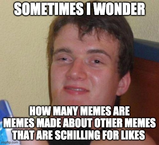 stoned guy | SOMETIMES I WONDER; HOW MANY MEMES ARE MEMES MADE ABOUT OTHER MEMES THAT ARE SCHILLING FOR LIKES | image tagged in stoned guy | made w/ Imgflip meme maker