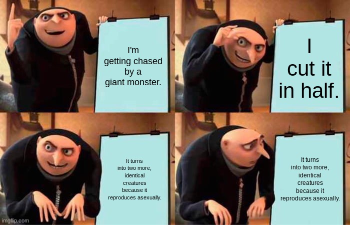 School project part one. | I'm getting chased by a giant monster. I cut it in half. It turns into two more, identical creatures because it reproduces asexually. It turns into two more, identical creatures because it reproduces asexually. | image tagged in memes,gru's plan | made w/ Imgflip meme maker