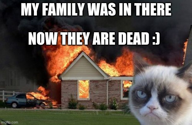 Burn Kitty | MY FAMILY WAS IN THERE; NOW THEY ARE DEAD :) | image tagged in memes,burn kitty,grumpy cat | made w/ Imgflip meme maker